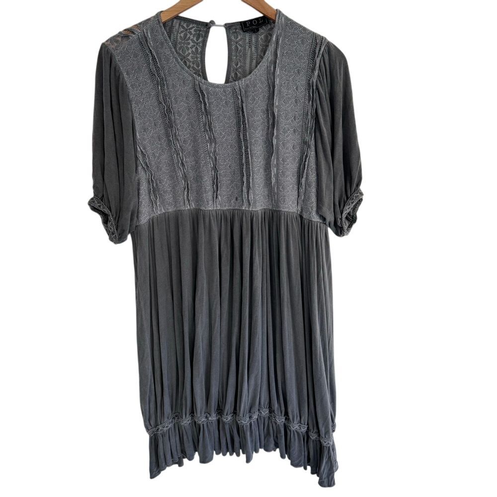 POL Gray Boho Cottage Lace Flowy Mini‎ Dress Bell Sleeve Fairy Size Large